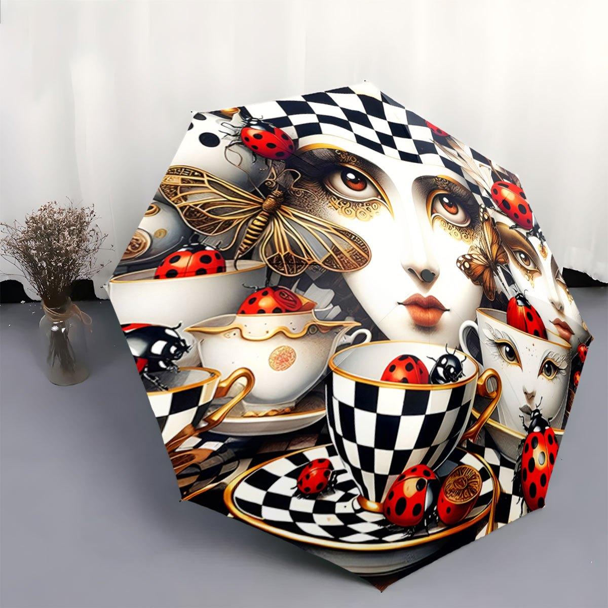

Automatic Open/Close Folding Umbrella with Black-and-White Checkered Pattern, Teacups, Saucers & Ladybugs - Compact Travel Umb (as the picture,Iron&8K)