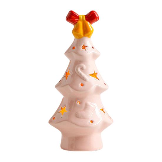 Lighted Ceramic Christmas Tree Small Xmas Tree Figurine with Fruit Tree Topper Holiday Tabletop Centerpiece for Home Mantel Shelf Fireplace Decor