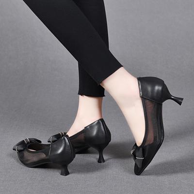 Pointed High Heels Women's Spring and Summer New Bow Mesh First Layer Cowhide Two Kinds of High-heel Fashion Shoes