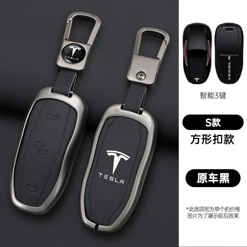 Car Sticker Tesla Zinc Alloy Leather Car Fob Smart Remote Key Case Cover Holder For Tesla Model 3 Model S Model Y Protector Keyc