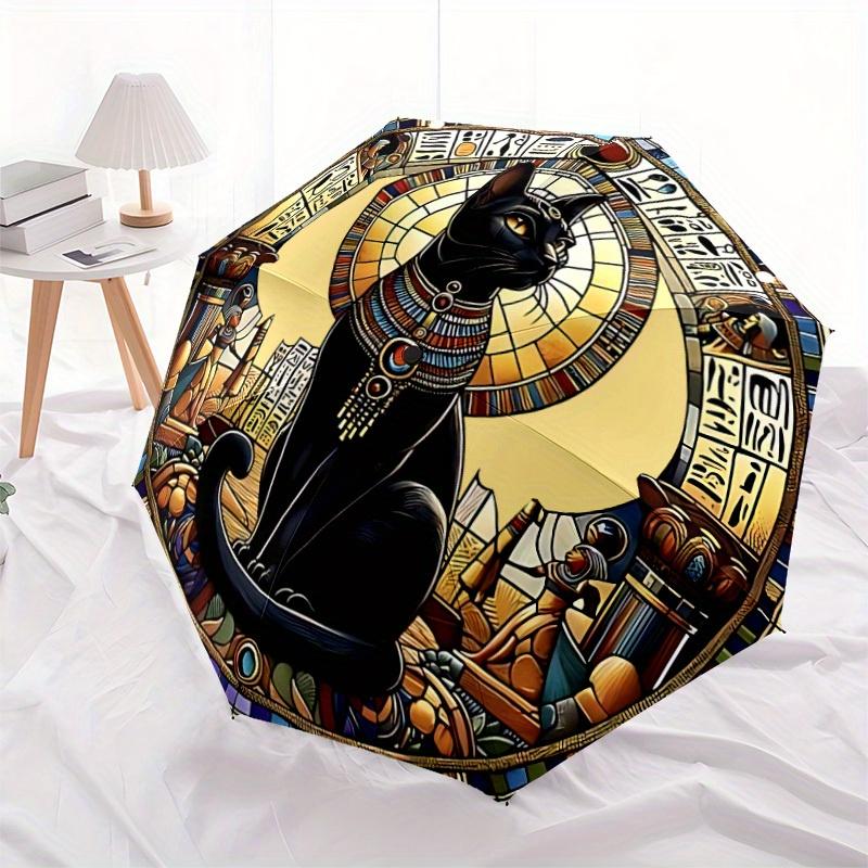 1pc Egyptian Cat Auto Open/close, All-Season Portable Folding Umbrella for Women & Men, Travel, Everyday, Formal Events - Compact Luxury Parasol, Outd