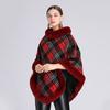 Womens Plaid Faux Rex Rabbit Fur Collar Cape Knit Sweater Coat Thick Warm Winter Hooded-Free Style