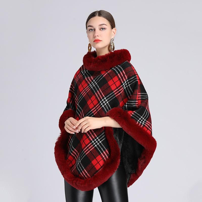 Womens Plaid Faux Rex Rabbit Fur Collar Cape Knit Sweater Coat Thick Warm Winter Hooded-Free Style