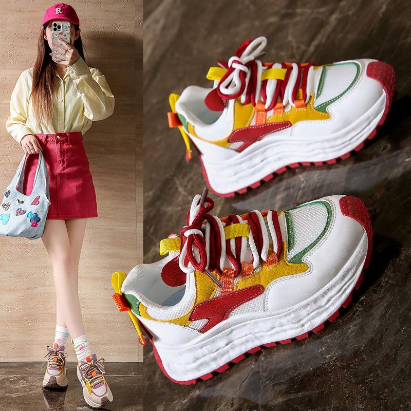 Fashion New Color Blocked Women Sneakers 2025 Spring Running Platform Soled Height Increasing Casual Shoes Breathable Grid Sneakers