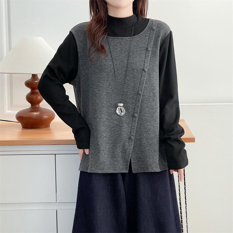 2025 Autumn/Winter Plus Size Mousse Velvet Stand Collar Slimming Long Sleeve Top XL черный серый