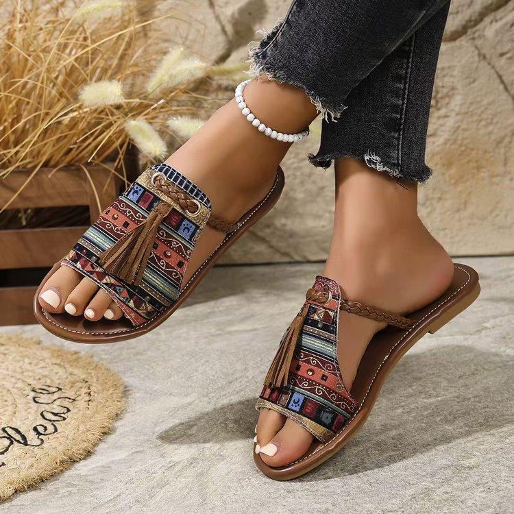 Fashion Low Beach Shoes Woman's Slippers Fringe Big Size Slides Sabot 2025 Flat Summer Fabric Rubber Hoof Heels PU Shoes Big Size Low Fr