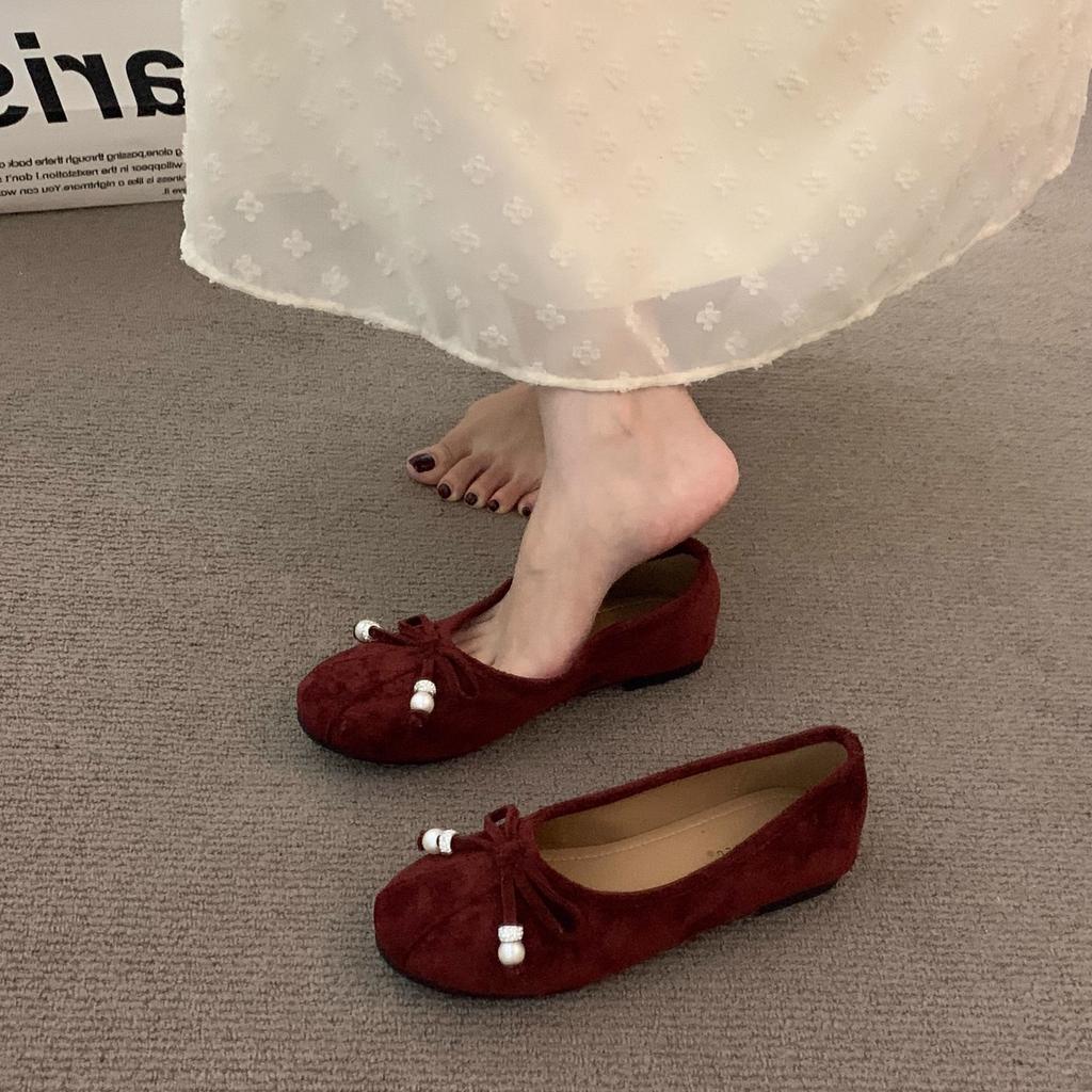 French Retro Suede Ballet Single Shoes Women's 2025 Autumn New Korean Version One-word Strap Flat Mary Jane Women's Shoes