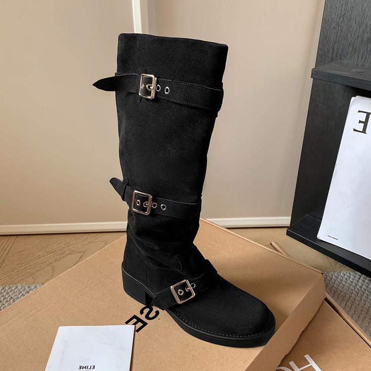 2025 autumn and winter temperament thin ins leather buckle belt pleated knight boots genuine leather but knee boots children