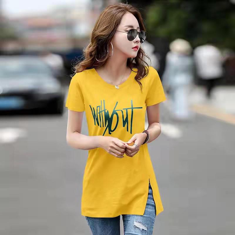 Women's Mid-Length Loose Letter T-Shirt, Korean Style Summer Casual Half-Sleeve White Top