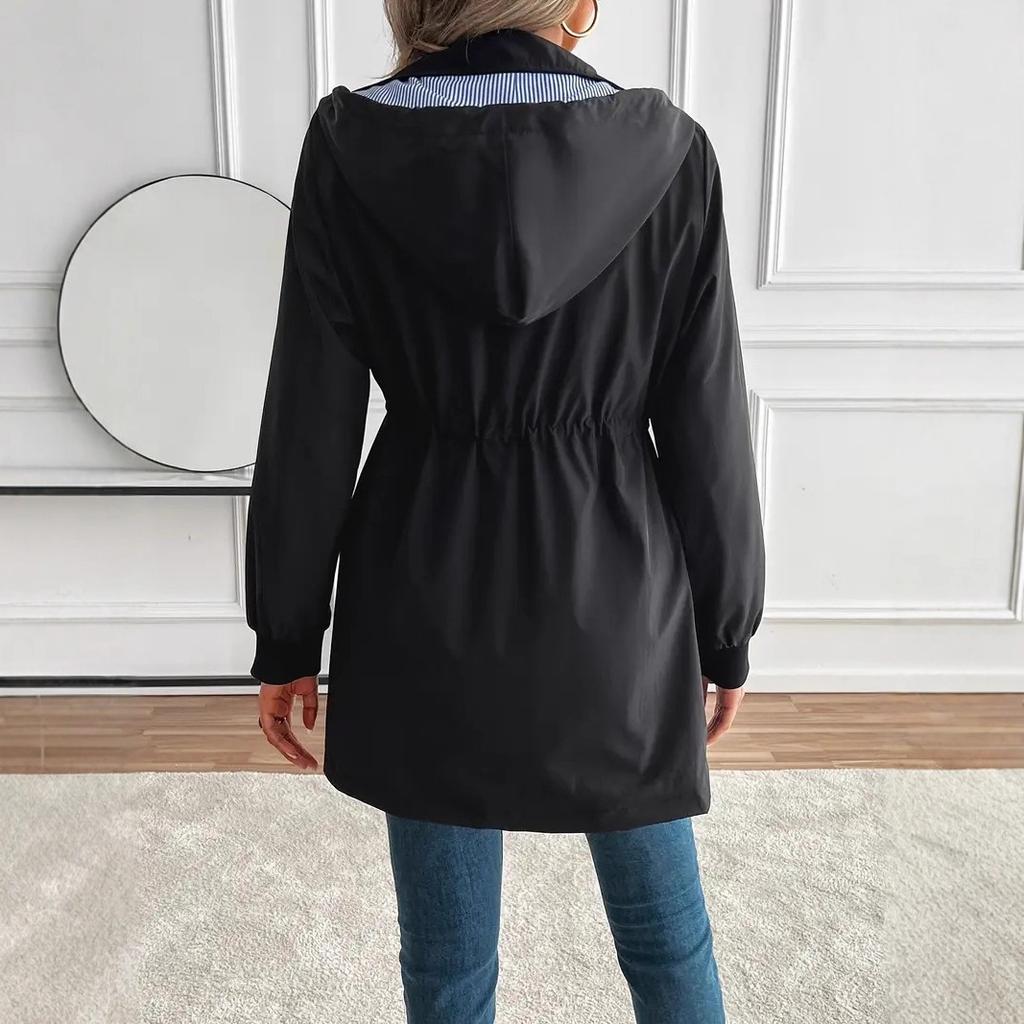 European and American Women's Clothing Elegant Casual Drawstring Waist Hooded Zipper Jacket Long Trench Coat