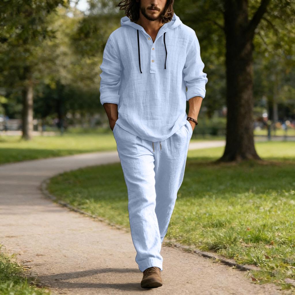 Herren Leinen Freizeit Set, Knopfhemd Elastische Taille Kordelzug Locker, Passende Hose Bequem Zwei-Teile-Set