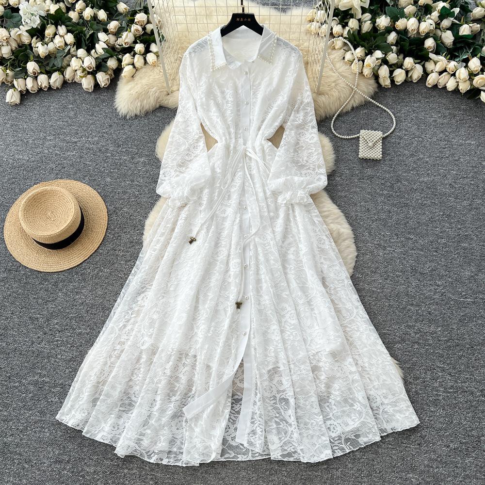 French Temperament Elegant Heavy Industry Bead Lapel Lantern Sleeve Single-breasted Strap Waist Thin Lace Dress Women