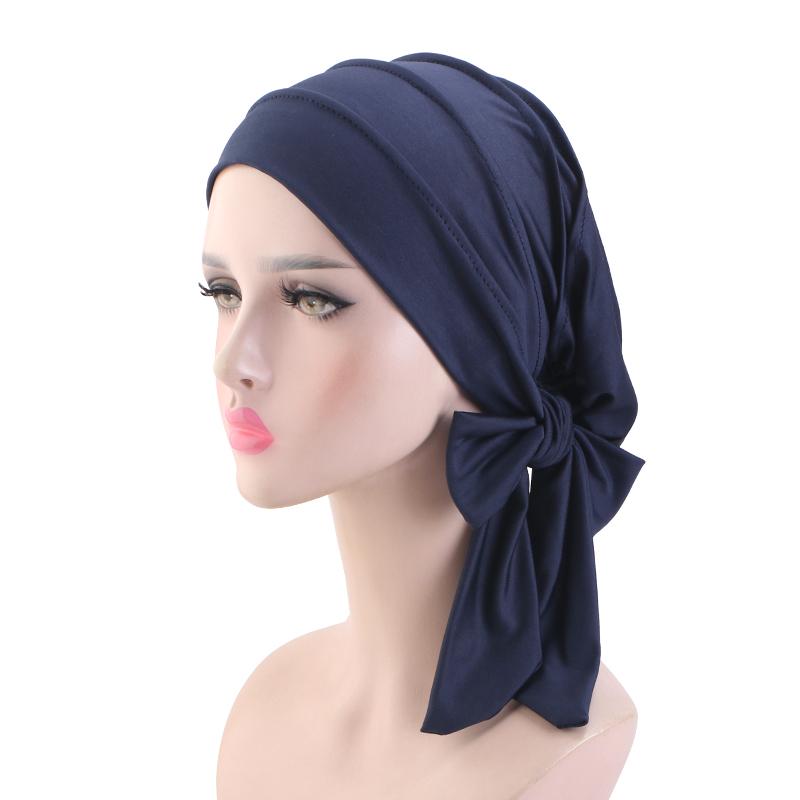 NEW Solid color long tail headscarf hat Women Chemo Hat breathable base cap Muslim Headscarf Hat