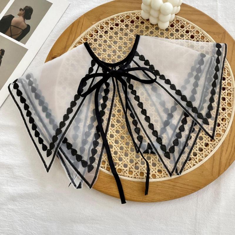 Korean Women White Cotton Fake Collar Shawl Wrap Hollow Out Floral Fish Scales Necklace Scarf Embroidery Short Poncho Dropship