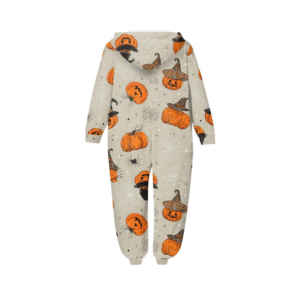 Halloween Print Family Matching Hooded Long Sleeved Zippered Jumpsuit Set