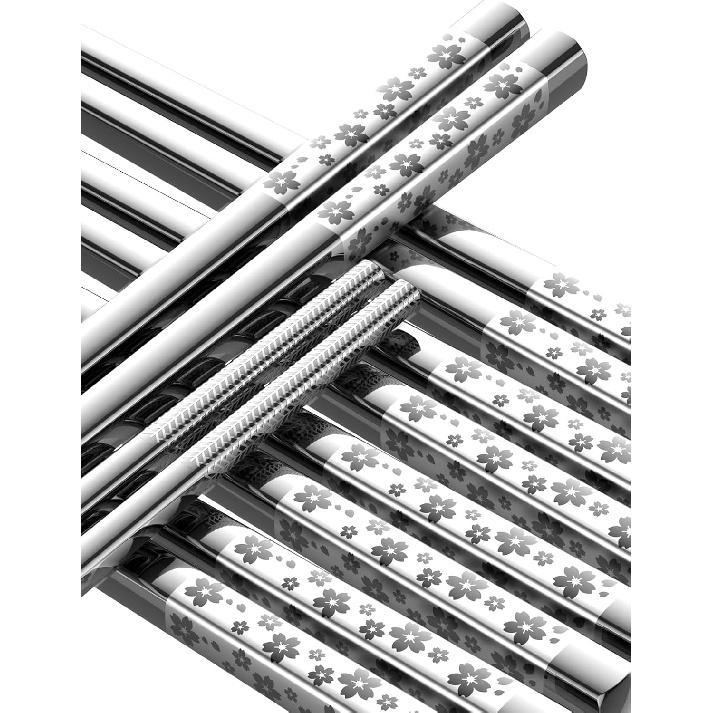 Metal Chopsticks Reble 2 Pairs Titanium Plated Stainless Steel Chopsticks with Holder, Dishwasher Safe Non-Slip Japanese Style Chop Sticks Present Cherry Blossom Silver