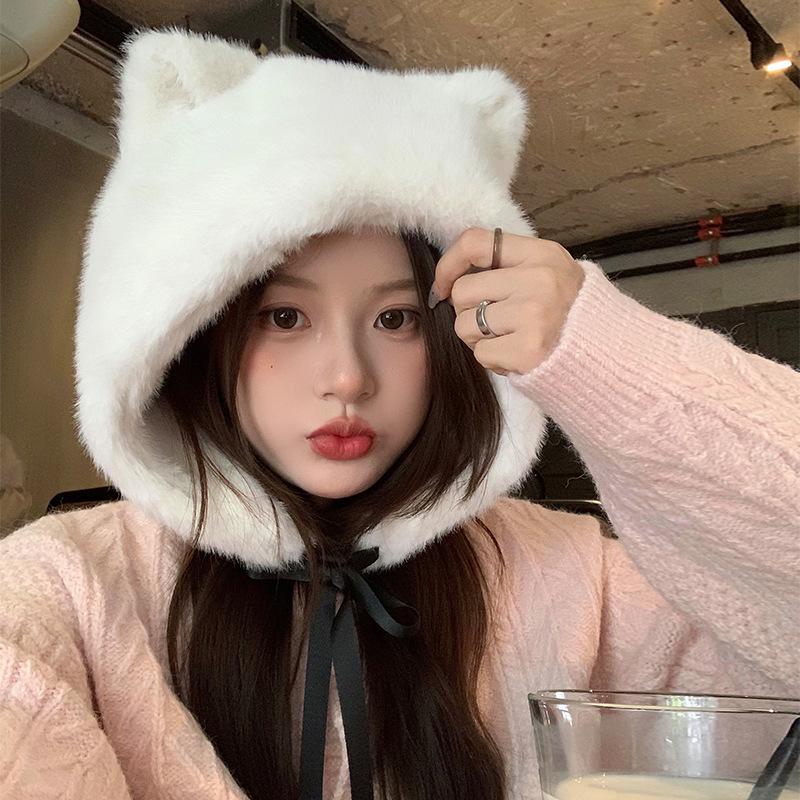 Cute Cat Ears Plush Hat for Women In Autumn and Winter White Thickened Cold Proof and Warm Big Head Circumference Ear Protecting Lei Feng Hat