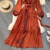 Damen Chiffon Maxikleid Bedruckt Schnürbund Langärmlig Schärpen Taille Vintage Swing Langes A-Linien-Ferienkleid