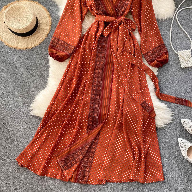 Damen Chiffon Maxikleid Bedruckt Schnürbund Langärmlig Schärpen Taille Vintage Swing Langes A-Linien-Ferienkleid