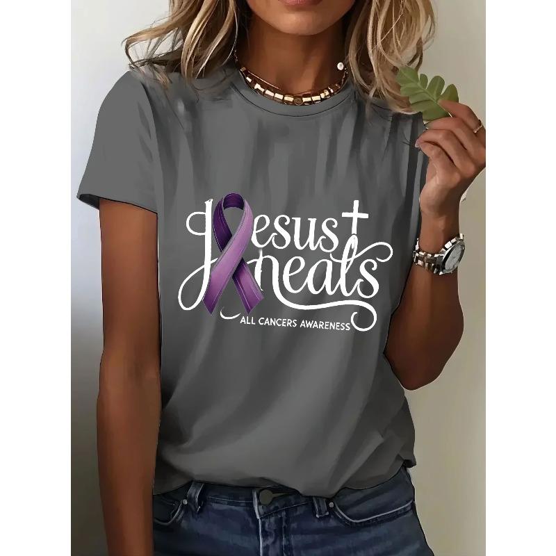 NEW Womens ALZ Print Short Sleeve TShirts Summer Round Neck Casual Tops Tees
