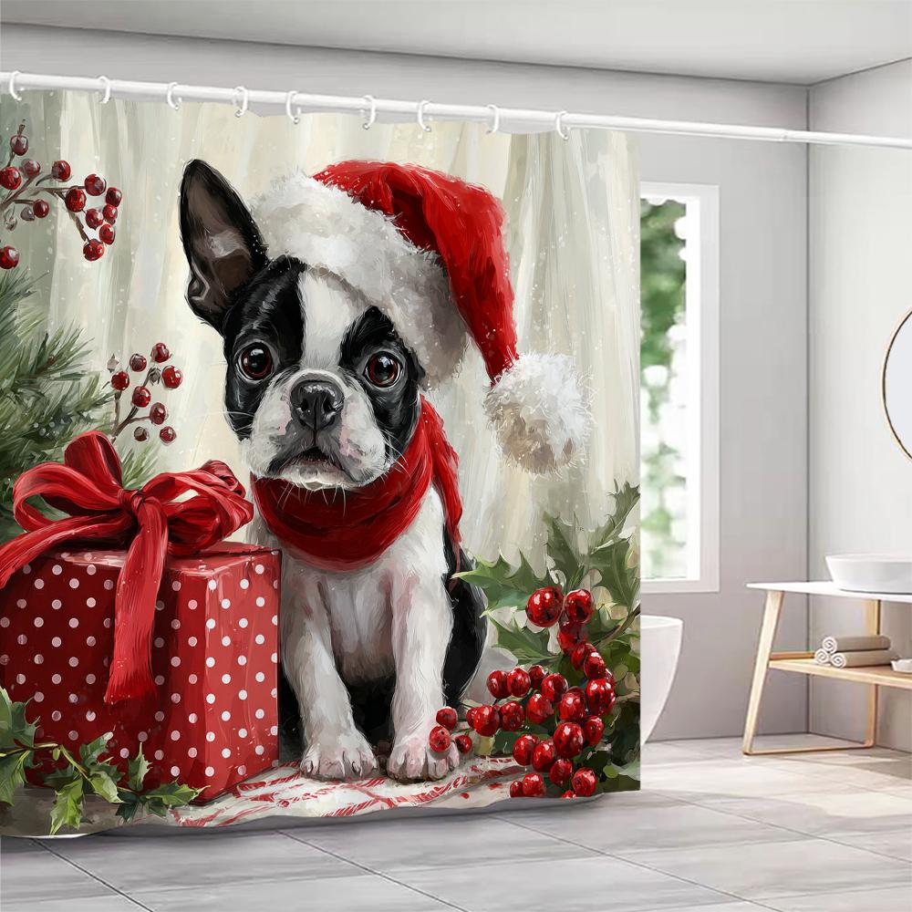 Liebevoller Weihnachts-Duschvorhang für Katze und Hund mit Haken Weihnachts-Duschvorhang Zuhause zum Drucken Weihnachtsdekorationsvorhang