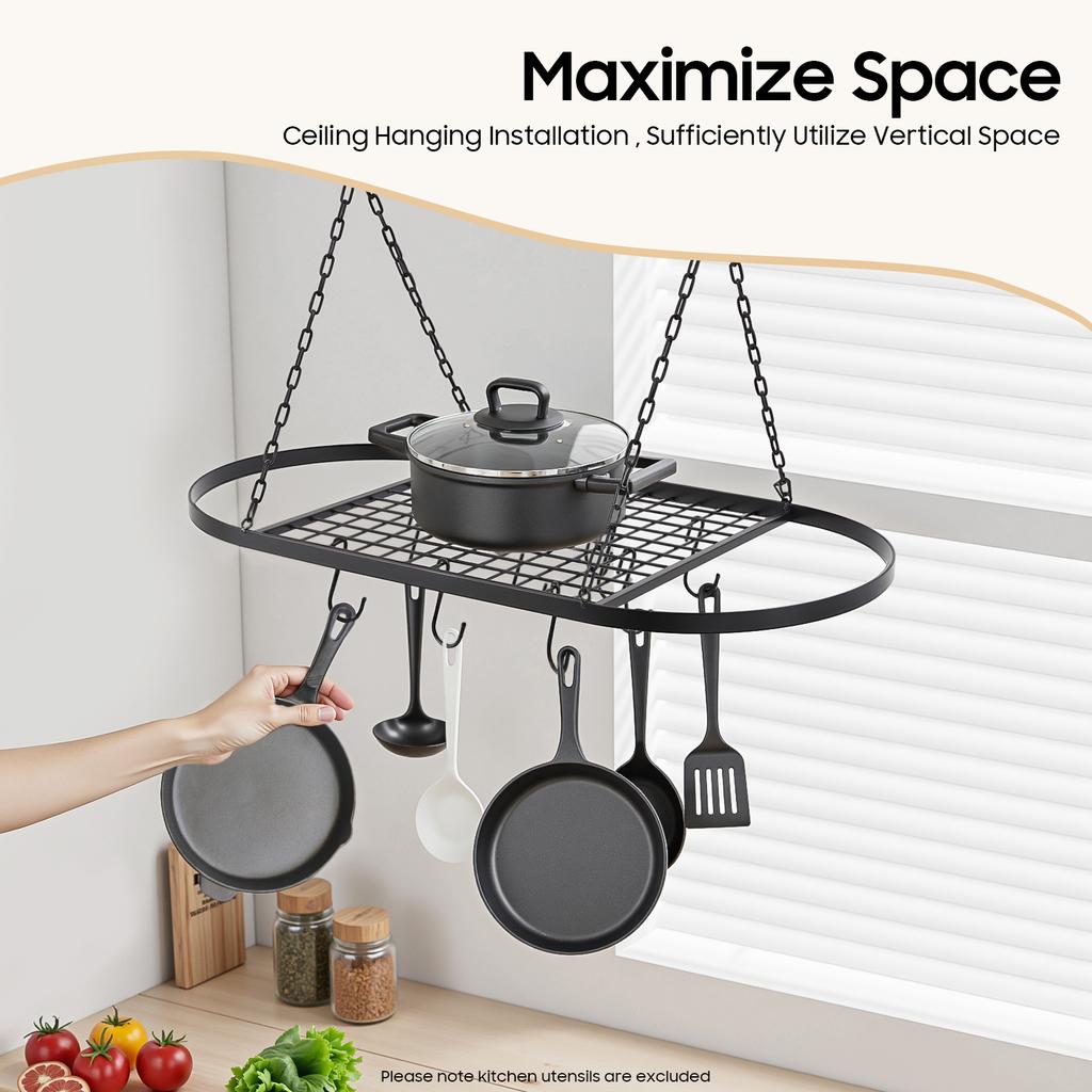 Ceiling Hanging Rack 10 Hooks, Kitchen Grid Shelf Organizer, 44LB Heavy Duty Iron Storage for Pot Pan Utensil, Small Space Savin