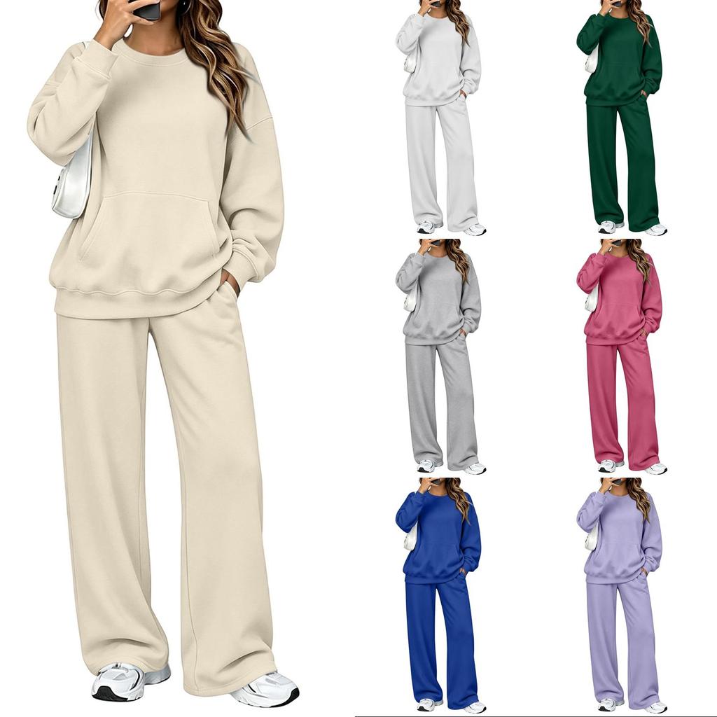 Women's Casual Neck Sweatshirt and Pants Set with Pockets, Comfortable Outfit for Fall Winter