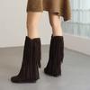 2025 Plus Size Cow Suede Material Tassel Women's Mid-Calf Boots Flat Wedge Heel Short Plush Lining Winter Show Flock Tassel Boot