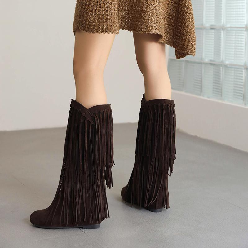 2025 Plus Size Cow Suede Material Tassel Women's Mid-Calf Boots Flat Wedge Heel Short Plush Lining Winter Show Flock Tassel Boot