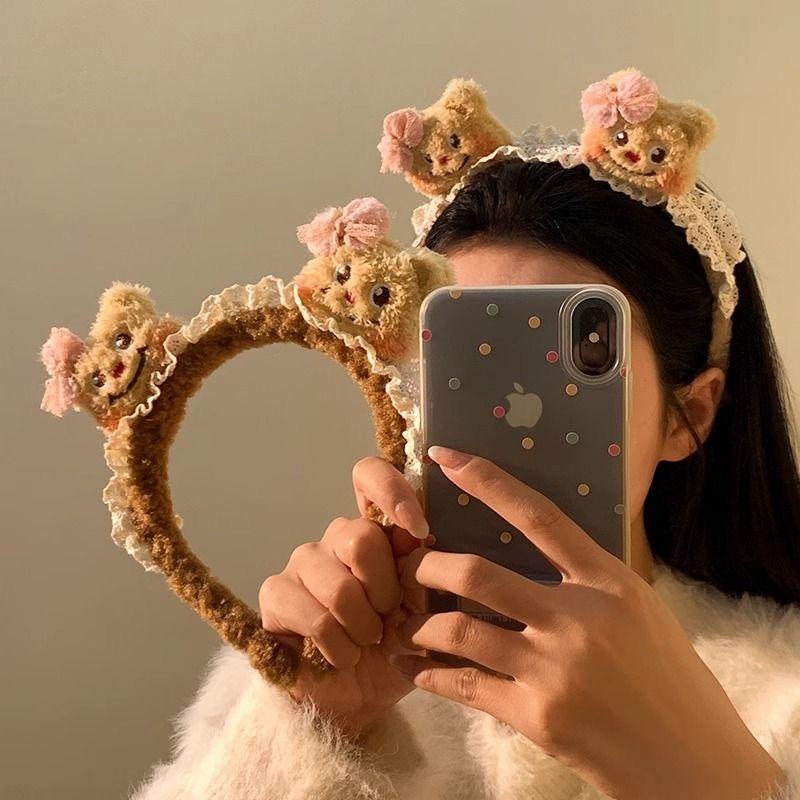Cartoon Bär Spitzenstirnband mit Schleifenohren - Niedliches Plüsch-Haaraccessoire