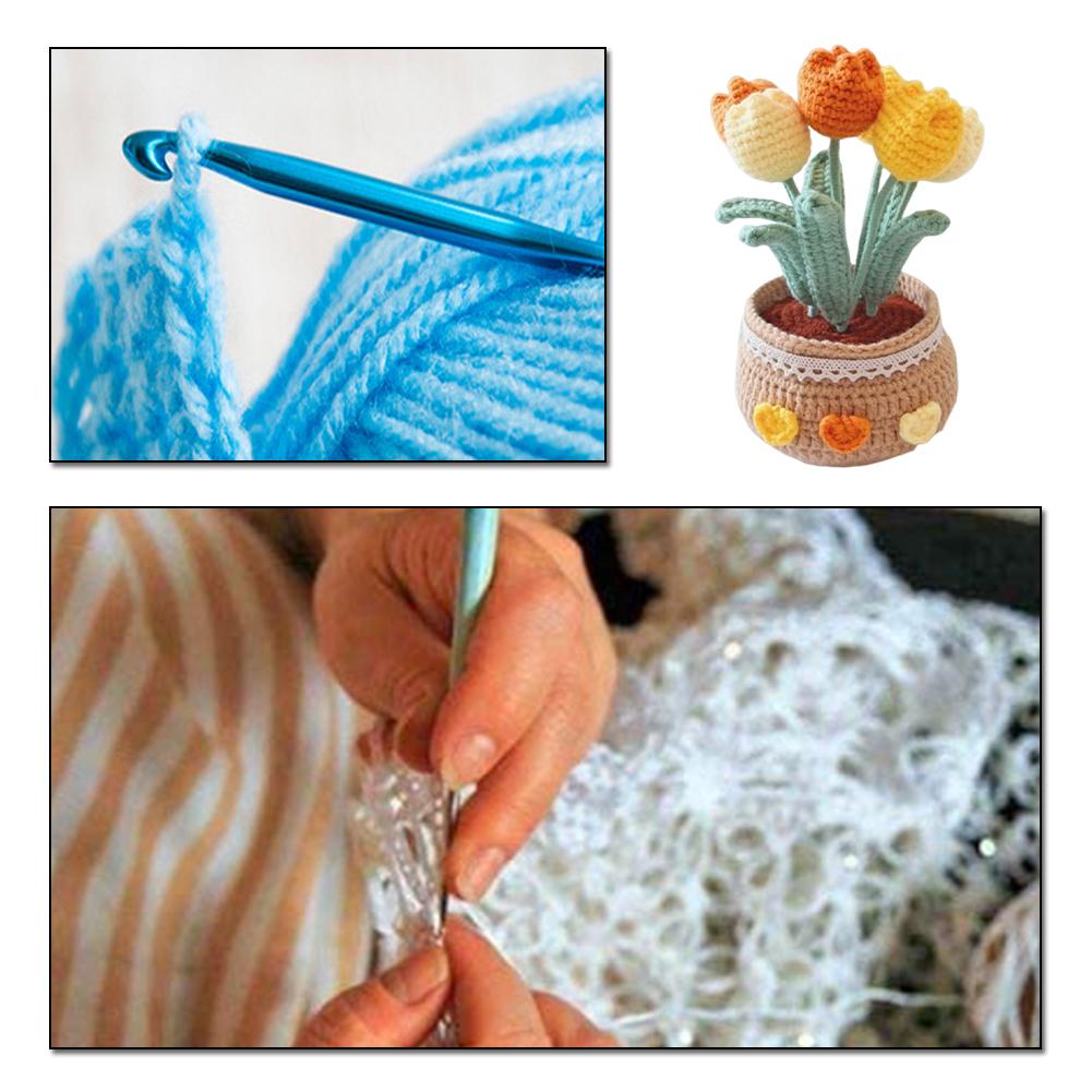 DIY Flower Potted Crochet Kit with Video Tutorials Artificial Small Potted Plants Hand Woven Knitting Kit for Sew Crafts Lovers