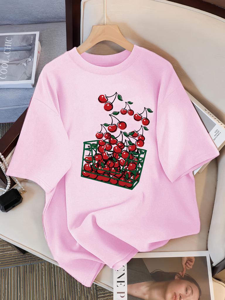 A Basket Of Cherries Printing Female Tee Shirt Breathable Casual T-Shirts Summer Short Sleeve Soft Loose Streetwear Women