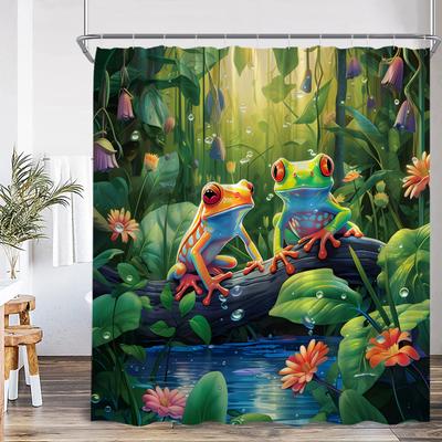 Funny Frog Shower Curtain Animal Lotus Leaf Pond Mushroom Rainforest Vintage Summer Bathroom Decor Kid Bath Curtain with Hooks