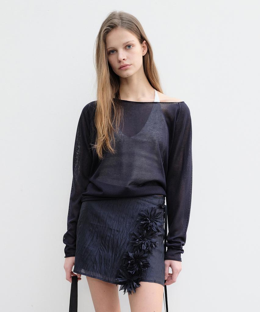 Yunse Sheer Off-Shoulder Knit Top (Navy)