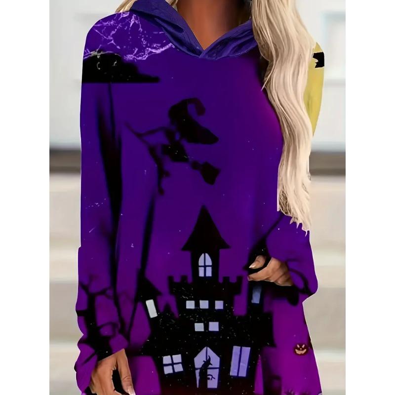 

Платье с капюшоном и графическим принтом на Хэллоуин, повседневное мини-платье с длинными рукавами, женская одежда XXL фиолетовый