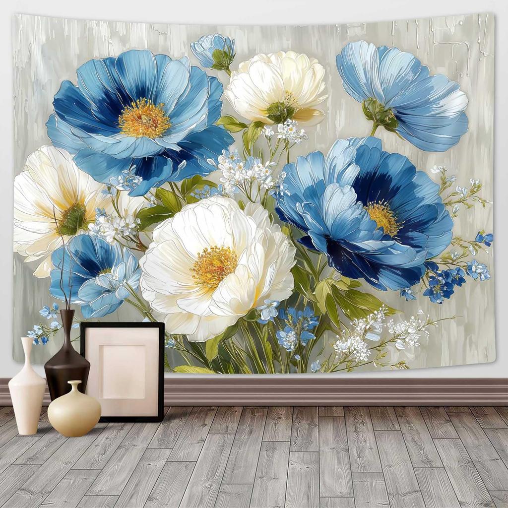 Blue White Floral Tapestry,Natural Aesthetics Elegant Tapestrie,Modern Flower Painting Wall Hanging,Watercolor Aesthetic Art