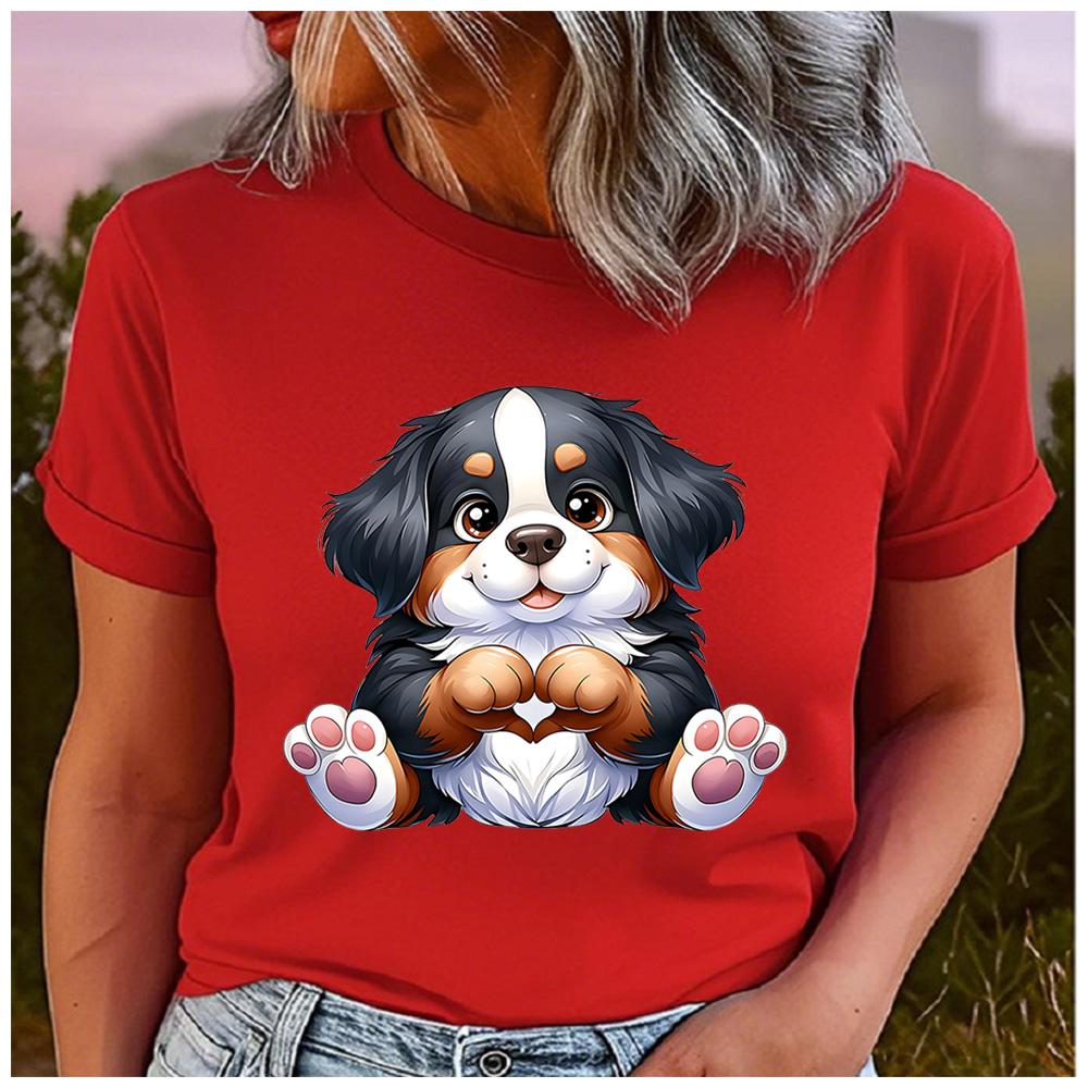Cotton Cute Bernese Mountain Dog Graphic T Shirt Women Lovely Fluffy Puppy Heart Paws Print Short Sleeve Tee Gift For Dog