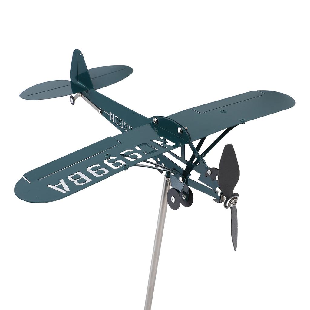 Eisenkunst Flugzeug Windmühle Drehende Wetterfahne Dekoration für Außen Garten Terrasse Hof Zaunpfosten Garage Dunkelgrün