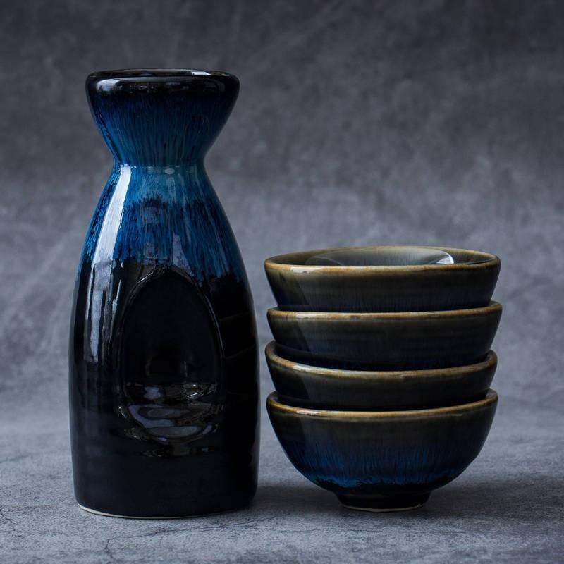 Japanisches Keramik-Sake-Set Mit Blauer Tenmoku-Glasur 14 Leichter Luxus Retro-Stil Lebensmittelecht A-Qualitäts-Porzellan