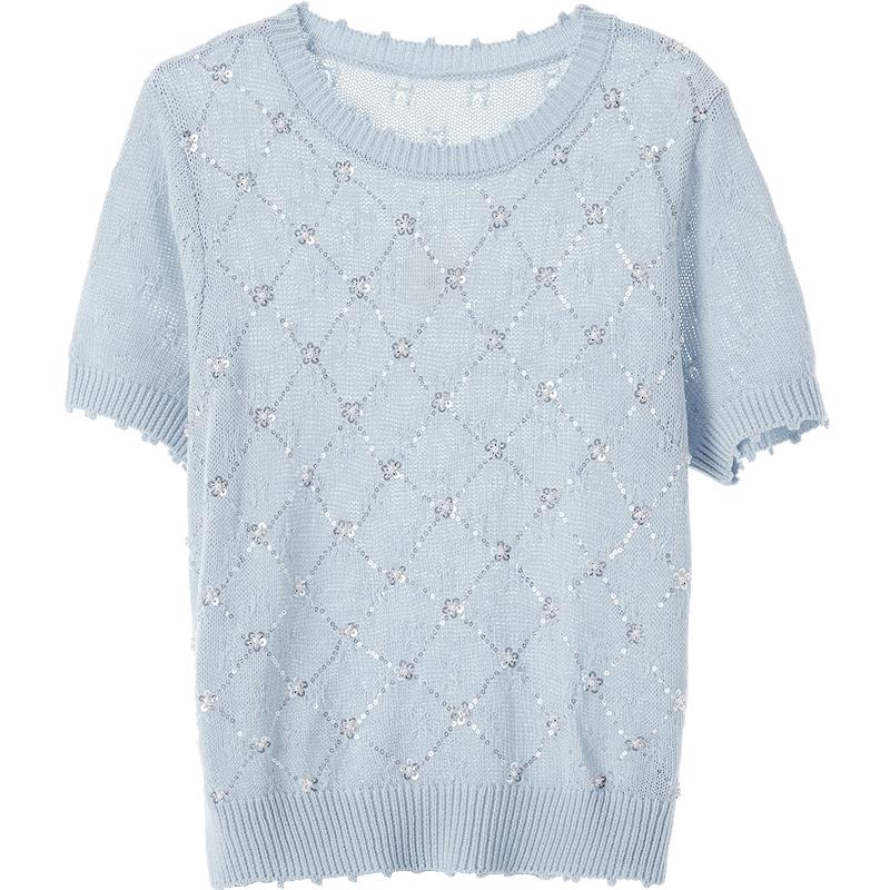 Betu Women s Beaded Sequin Knit Short Sleeve Top S
