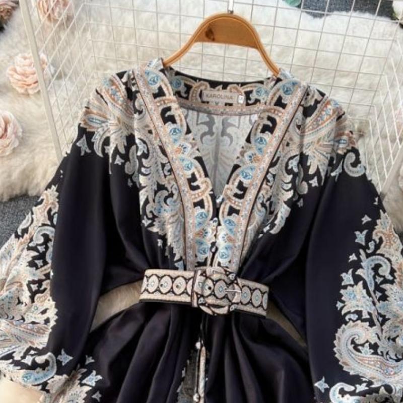 Court Style Retro Printing One Piece Dress Women V-neck Elegant Short Party Dresses Female French Belt High Waist Chic Dress Vacation