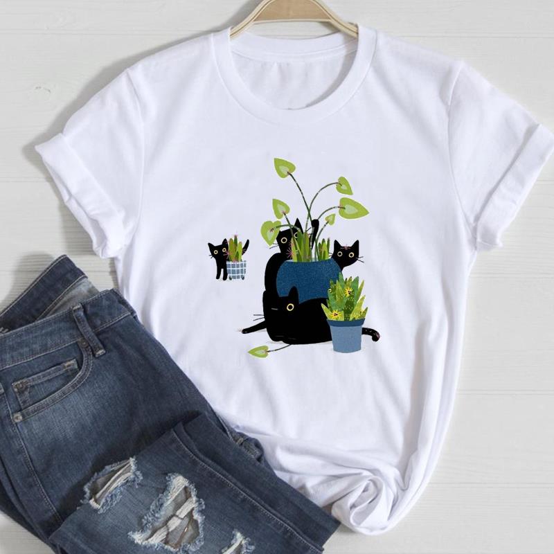 (European Size)Dog Cat Tee Top Fashion T Shirt Casual Paw Watercolor Floral Funny Women Clothing Print Lady Female Short Sleeve Graphic T-shirt