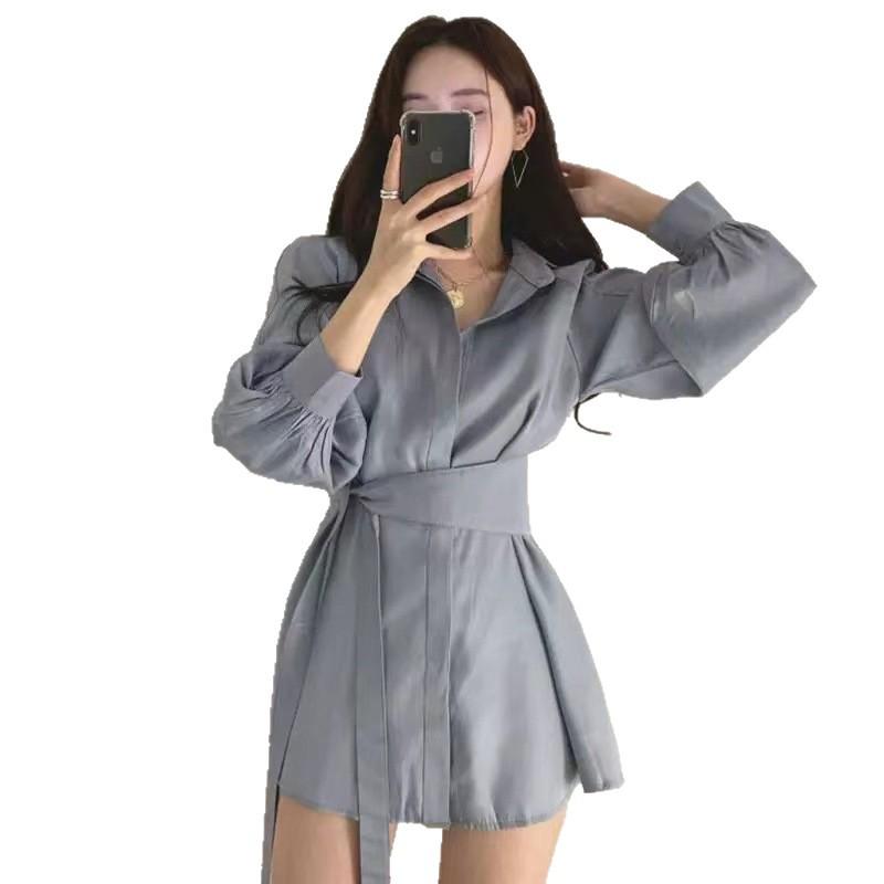French-Inspired Lantern Sleeve White Shirt Dress for Women - Waist-Cinching, Mid-Length, Perfect for Spring and Autumn.