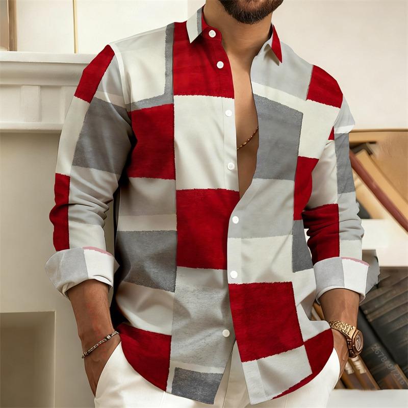 Men's 3D Printed Geometric Color-Blocked Long-Sleeved Shirt, Stylish Casual Slim-Fit Shirt, Outdoor Street Style Men's Top
