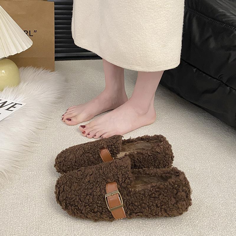 Flat-bottomed one-pedal lazy fluffy shoes for women to wear 2025 new autumn and winter velvet beanie single shoes cotton shoes