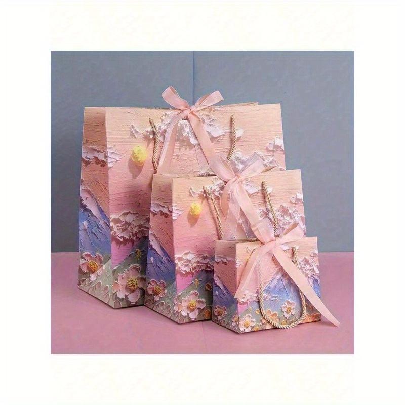 1pc Romantic Clouds, Mountains, Floral Pattern 3D Gift Bag, Pink, Birthday Party Holiday Thanksgiving Gift Bag, Birthday Gift Packaging Tote