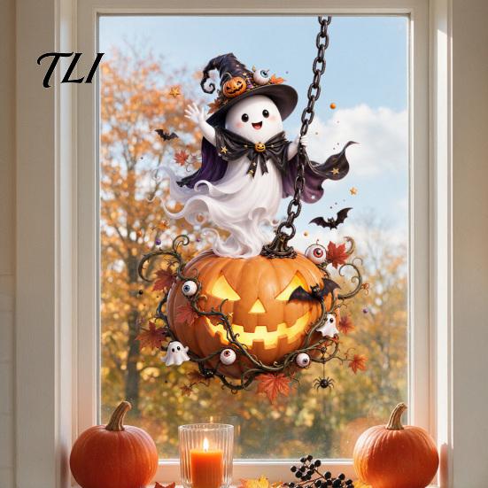 Easy Peel Stick Wall Decals Halloween Window Stickers, Cartoon Ghost Black Cat Pumpkin Static Glass Indoor Scene Setup Waterproof for Shop Home Party