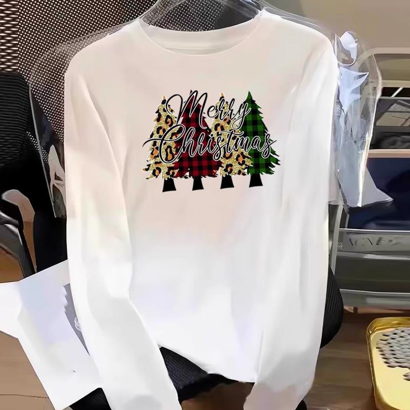 (Asian Size) holiday trend Print T Shirt Graphic Tee Women merry Christmas new year Casual Fashion Top o-neck Clothing Long Sleeve T-shirts