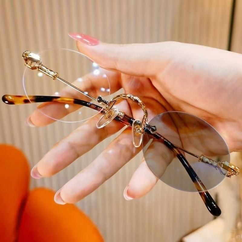 New Frameless Oval Photochromic Myopia Glasses Fashionable and Personalized Border Blue Light Glasses Diopter To -4.0