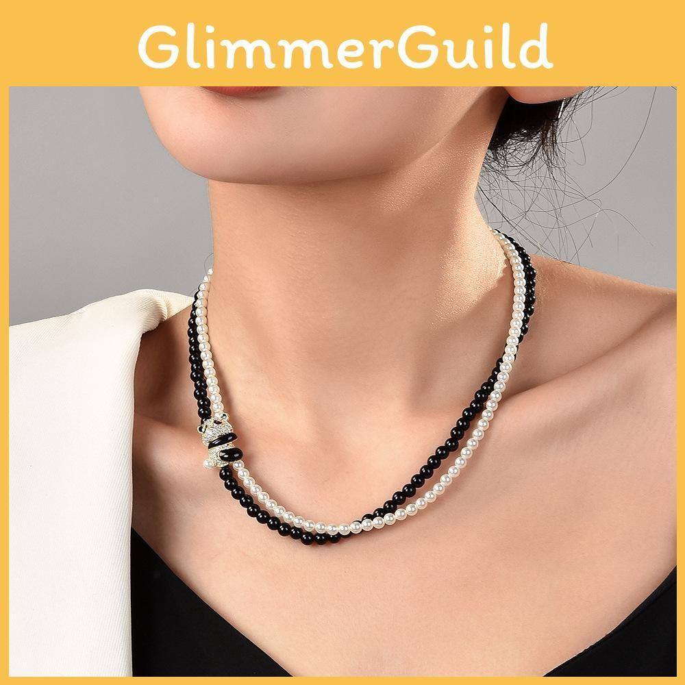 Black And Striking White Crystal Pearl Choker Necklace Featuring Vintage Panda Design For Enthusiasts Fashion